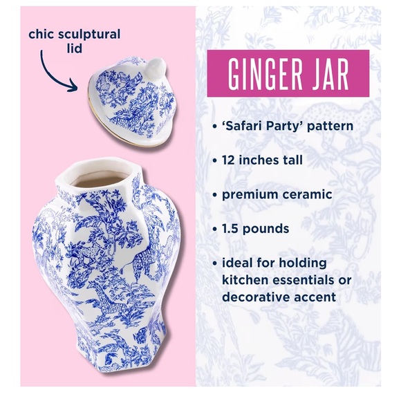 Lilly Pulitzer Blue and White Safari Party Large Ginger Jar - Picture 3 of 4